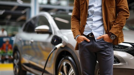 Obraz premium A patient man in a jacket and wristwatch stands by a silver electric car, hands in pockets, waiting for it to charge indoors.
