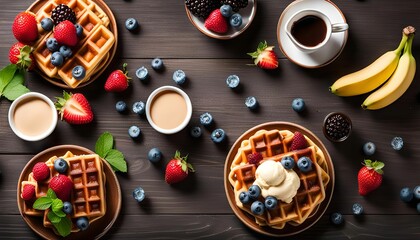 Fototapeta premium Waffles and Berries on Wooden Table