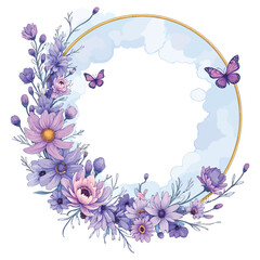 Watercolor floral frame with lovely butterflies and gold circle