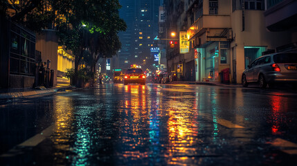Fototapeta premium Rainy urban street with reflections and glowing lights