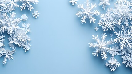 Delicate paper art featuring&nbsp;white snowflakes on light blue background, showcasing&nbsp;3D layered design with winter holiday theme and soft&nbsp;shadow details.
