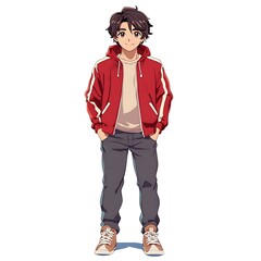 Fototapeta premium Anime teenage boy in a varsity jacket and sneakers on a white background
