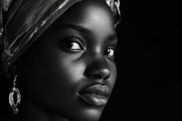 A striking black and white portrait of a woman with a head wrap, emphasizing her powerful gaze, beauty, and strength, capturing the essence of her character.