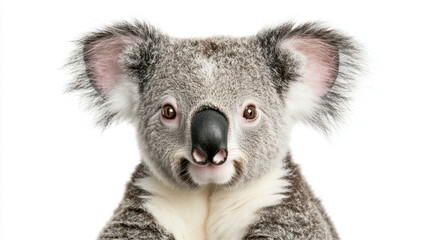 Fototapeta premium Close-up portrait of a koala with fluffy ears and a black nose, set against a plain white background, highlighting its adorable features.