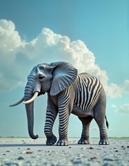 Creative zebra striped elephant stands on light gray savanna against pastel blue sky with clouds. Animal illustration concept. Unique animal design. Minimalist, trendy design. Perfect for wallpaper