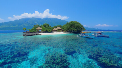 Obraz premium Tropical Island Paradise with Beach Cabanas. Concept of Relaxation, Vacation, and Escape.
