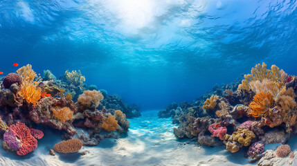 Fototapeta premium Vibrant coral reef underwater scene. Concept of marine life, ocean, and biodiversity.