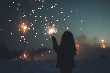 Obraz premium Silhouette of a child holding a sparkler against a beautiful evening sky, with fireworks lighting up the night, creating a magical and joyful atmosphere for New Year's celebration.