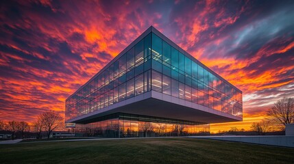 Obraz premium Modern corporate office building captured at sunset with dramatic skies