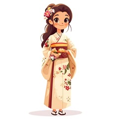 Cartoon teenage girl in a kimono with flowers on a white background