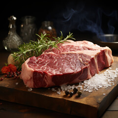 Fototapeta premium Expertly crafted wagyu dry-aged prime cut with salt-crusted surface in professional butcher shop rustic environment dramatic shadow play