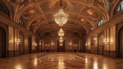 A grand interior ballroom with ornate ceilings, luxurious chandeliers, and elegant floor patterns