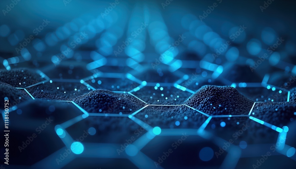 Leinwandbilder Abstract tech background shows hexagon shapes filled with dark matter. Blue glowing lines connect hexagons forming futuristic network. High tech pattern resembles honeycomb nano construction. Modern