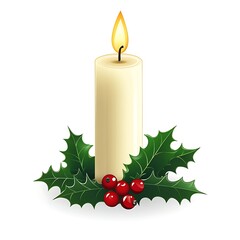 Christmas candle with holly leaves on a white background.