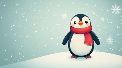 Cute Cartoon Penguin Wearing Red Scarf in Snowy Landscape