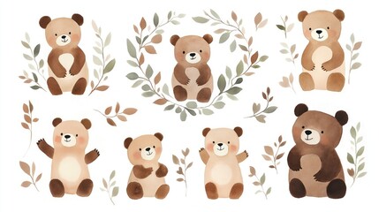 Fototapeta premium Cute brown bears in muted color palette sit, play among leaves. Collection of cartoon bears with foliage arranged in chaplet. Design perfect for kids items accessories as stickers sticker sheet.