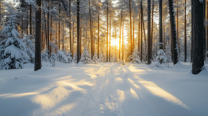 Naklejka premium Snowy forest at sunrise with golden light and shadows