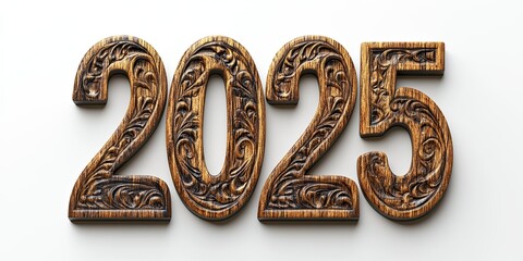 Naklejka premium beautiful 3D of wooden 2025 numbers with intricate carvings on white background 