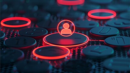 Cybersecurity: Digital Identity Protection. A glowing red user icon sits at the center of a futuristic, dark technological landscape, symbolizing the importance of online security and data protection.