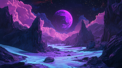 Stunning minimalist neon landscape featuring 3d ribbons in purple and turquoise. Aether. Illustration