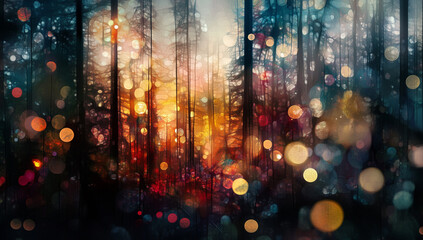 Naklejka premium Magical, colorful forest with trees and glowing lights