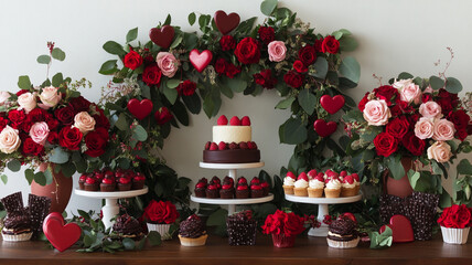 A festive Valentine's Day arrangement with cascading heart garlands, vibrant rose bouquets, and a dessert table featuring chocolates and cupcakes.
