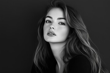 Fototapeta premium A captivating portrait of a young woman showcasing her natural beauty, framed by flowing hair and delicate features, celebrating youth and elegance in a minimalist style.