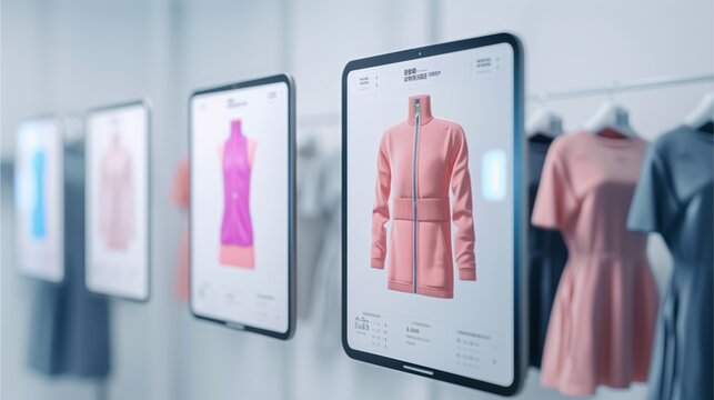 Interactive Fashion Display: Futuristic tablet displays showcase stylish women's apparel, offering an immersive shopping experience.  The sleek design and vibrant colors create an engaging visual. 