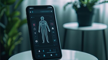 Digital Health Monitoring App:  A sleek smartphone displays a futuristic health monitoring app interface, showcasing a digital human body with vital signs.