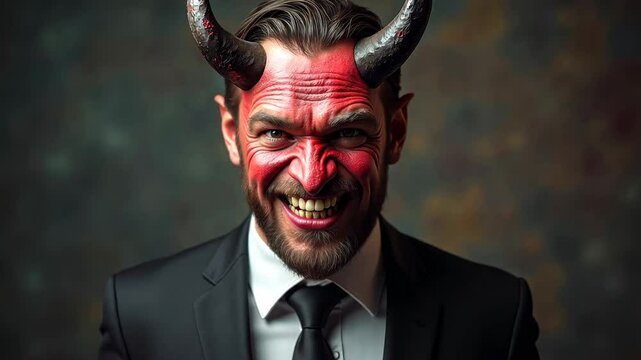 Devil with horns in businessman suit smiles terribly looking at camera, duplicity concept