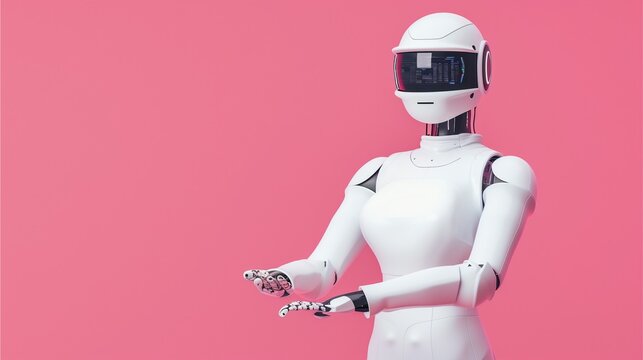 Presenting the Future: A sleek, white humanoid robot against a vibrant pink backdrop.  Its pose suggests presentation or interaction, embodying technological advancement and artificial intelligence.