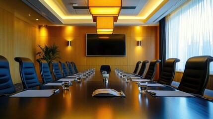 Stunning meeting room with sleek furniture, bold lighting fixtures, and a sophisticated design concept