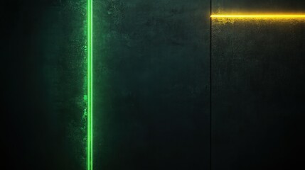 Obraz premium A dark, matte background featuring a vertical line on the left that glows in vivid green, casting faint shadows. On the upper-right corner, a horizontal line glows in bright yellow, subtly .