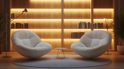 no people, no windows, white with boucle, light wood, light and bright, interior design photo, podcast studio, high key lighting, intimate with a midcentury modern set, two large white chairs sit dir