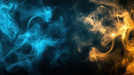 Obraz premium A dark backdrop with swirling blue and yellow smoke, producing an abstract design with a luminous, glowing effect. 