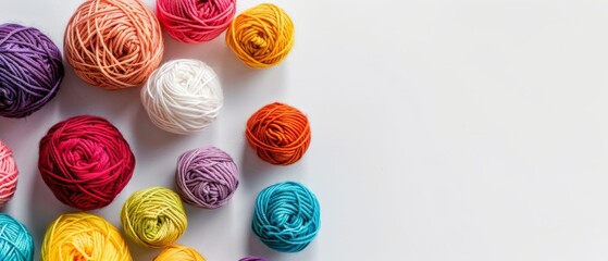 Brightly colored yarn balls scattered on a white surface evoke creativity and warmth in an orderly yet playful arrangement.
