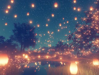 Magical night scene with numerous glowing lanterns floating over tranquil lake and trees.