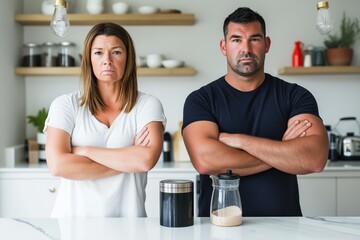 Frustrated couple stands with crossed arms in modern kitchen over coffee maker