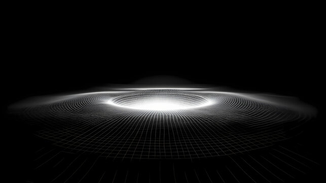 Wormhole in deep space with curved gridlines and glowing center, futuristic concept of spacetime travel, black hole theory, and interdimensional physics. Aether. Illustration