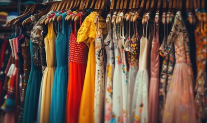 A collection of beautifully patterned floral dresses hangs on a white clothing rack, capturing the essence of vibrant fashion and the elegance of modern design
