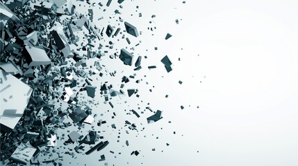 Shattered and Reimagined:  Abstract art concept with a 3D rendering of shattered concrete blocks exploding outward, signifying the destruction and transformation of barriers.