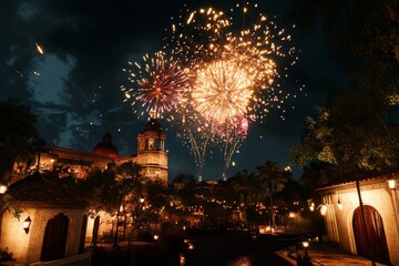 Vibrant fireworks explode over a picturesque historic cityscape, highlighting the charm of architecture and creating a festive atmosphere for viewers to enjoy.