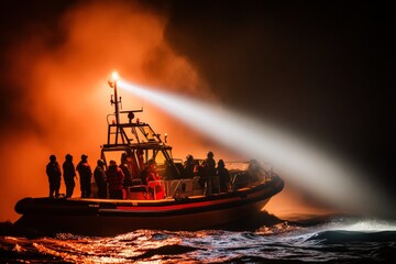 A rescue boat crews gather under an intense orange glow, illuminated by a searchlight, symbolizing teamwork and determination during challenging rescue conditions.