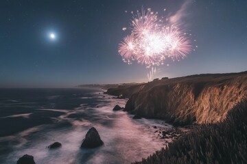 A stunning display of vibrant fireworks illuminates the night sky above rugged coastal cliffs and...