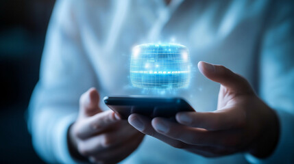 A close-up of a chatbot interface on a smartphone, held by an entrepreneur who is analyzing data and getting instant responses