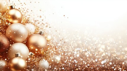 Golden and white Christmas ornaments with glitter on a white background, holiday card