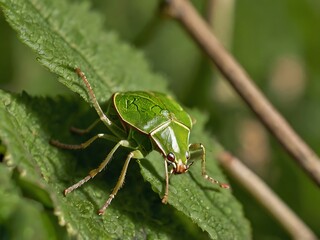 Fototapeta premium Green Insect On A Green Leaf In Nature