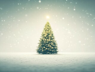 Fototapeta premium Illuminated Christmas tree in snowy landscape.