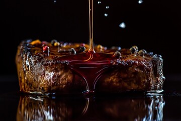 Delicious steak drizzled with rich sauce under dramatic lighting at night