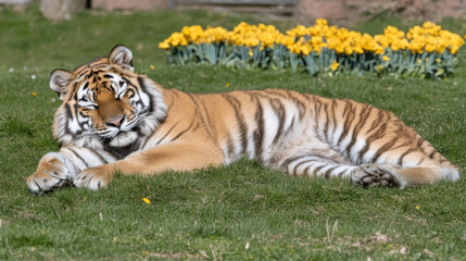 Obraz premium regal tiger resting in grass, surrounded by vibrant flowers